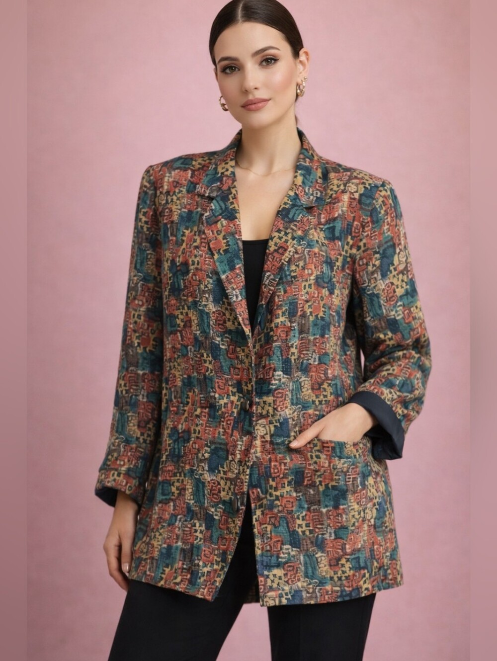 Vintage Abstract Print Blazer – Retro Geometric Pattern Statement Jacket Size M